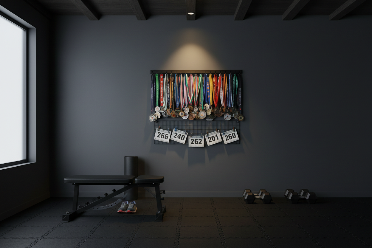 Marathon medals hanger in home gym showing the whole room. Picture must be dark