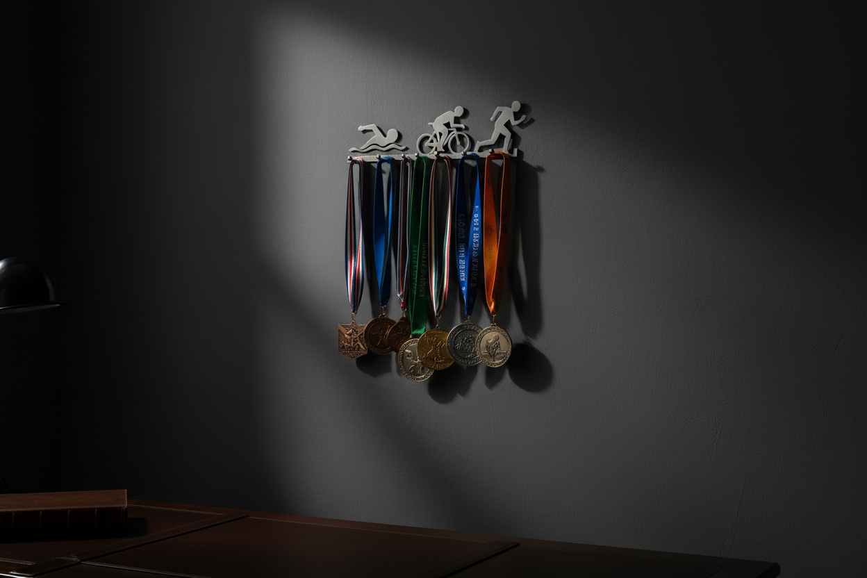 Triathlon medals hanger in office. The picture must be dark.
