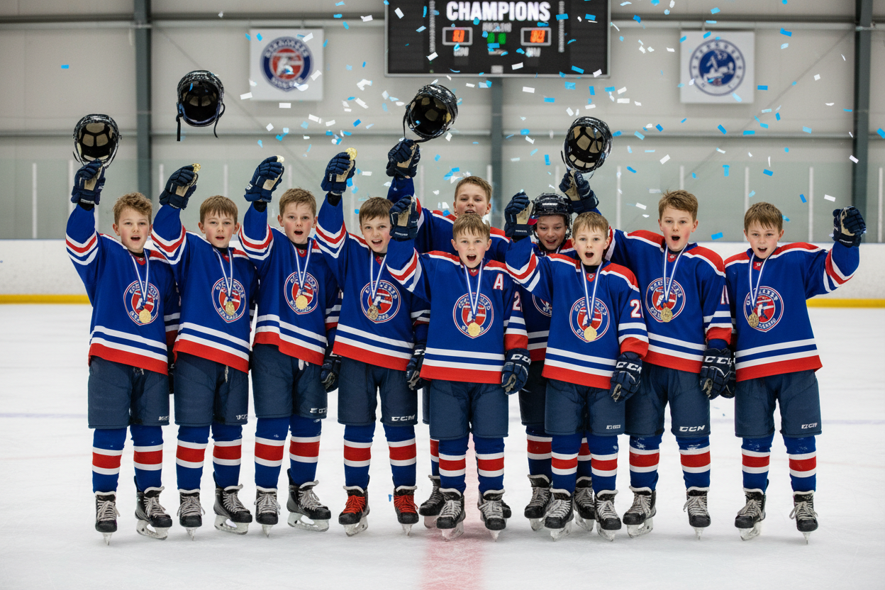 young hockey player team winning medals
